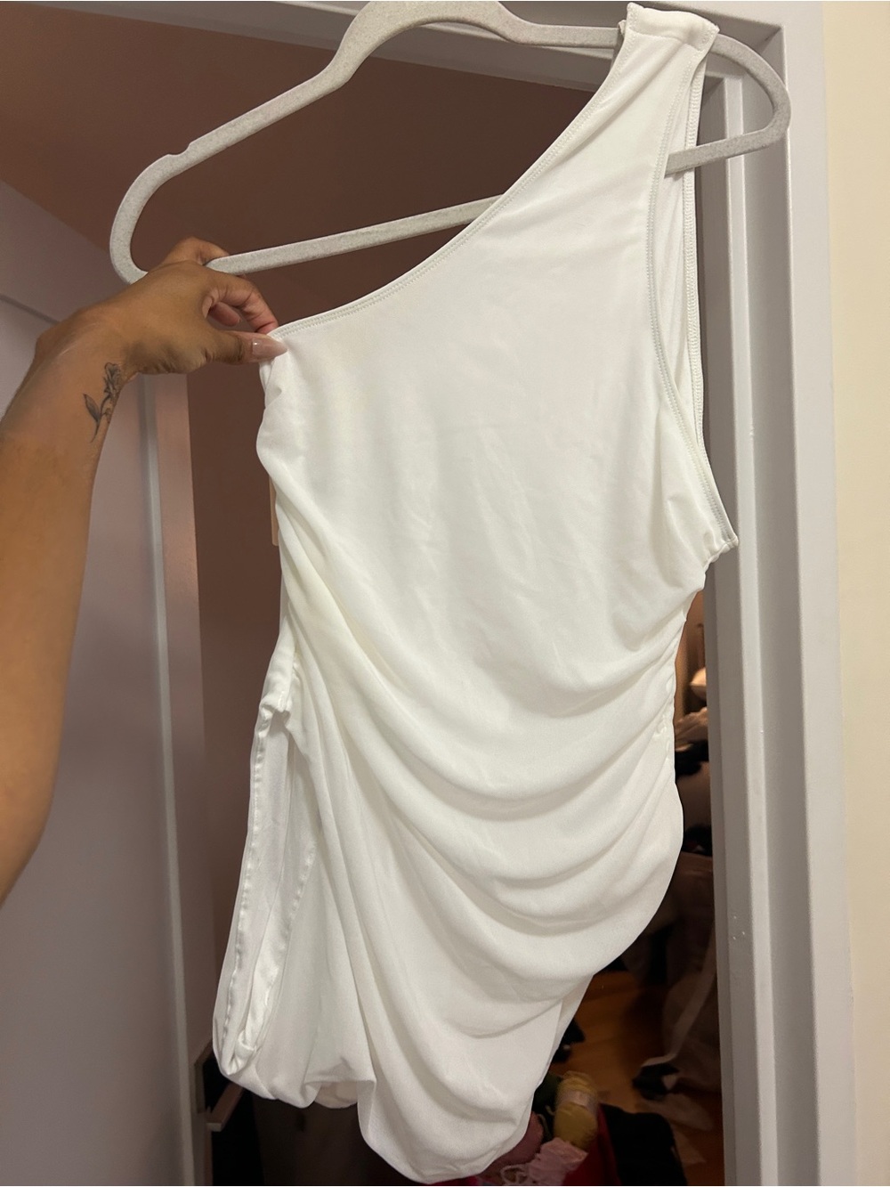 One-Shoulder White Draped Bodysuit Top